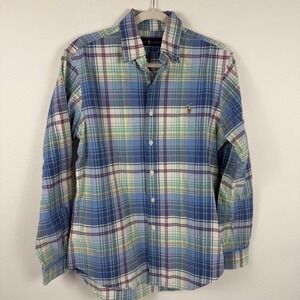 Ralph Lauren Mens Medium Blue Green Plaid Button Down Long Sleeve‎ Shirt Cotton